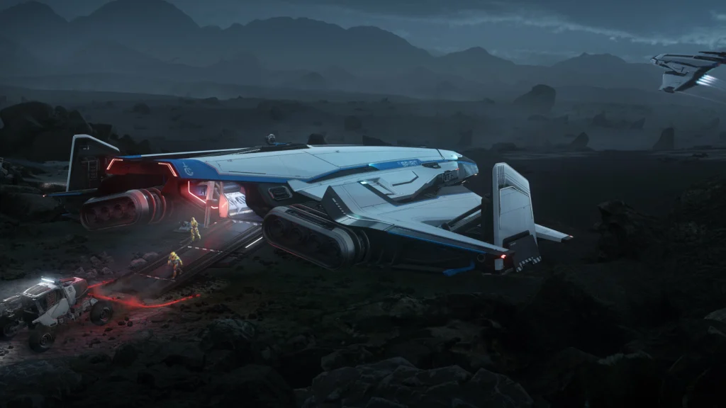 A landed Crusader Industries C1 Spirit beeing loaded or unloaded with vehicle. And a second one Flying above the ground.